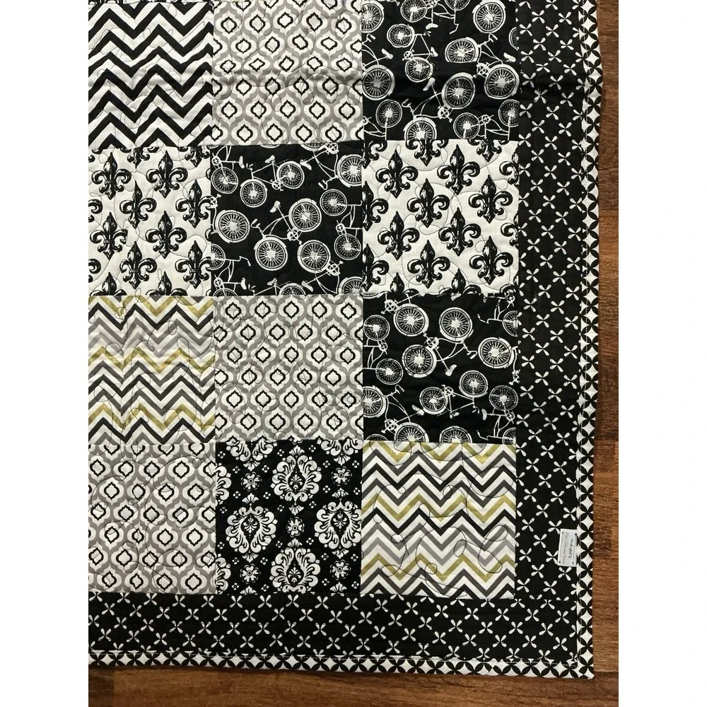 Handcrafted By Dee Black & White Patchwork Quilt 40in X 30in Bicycles & Chevron